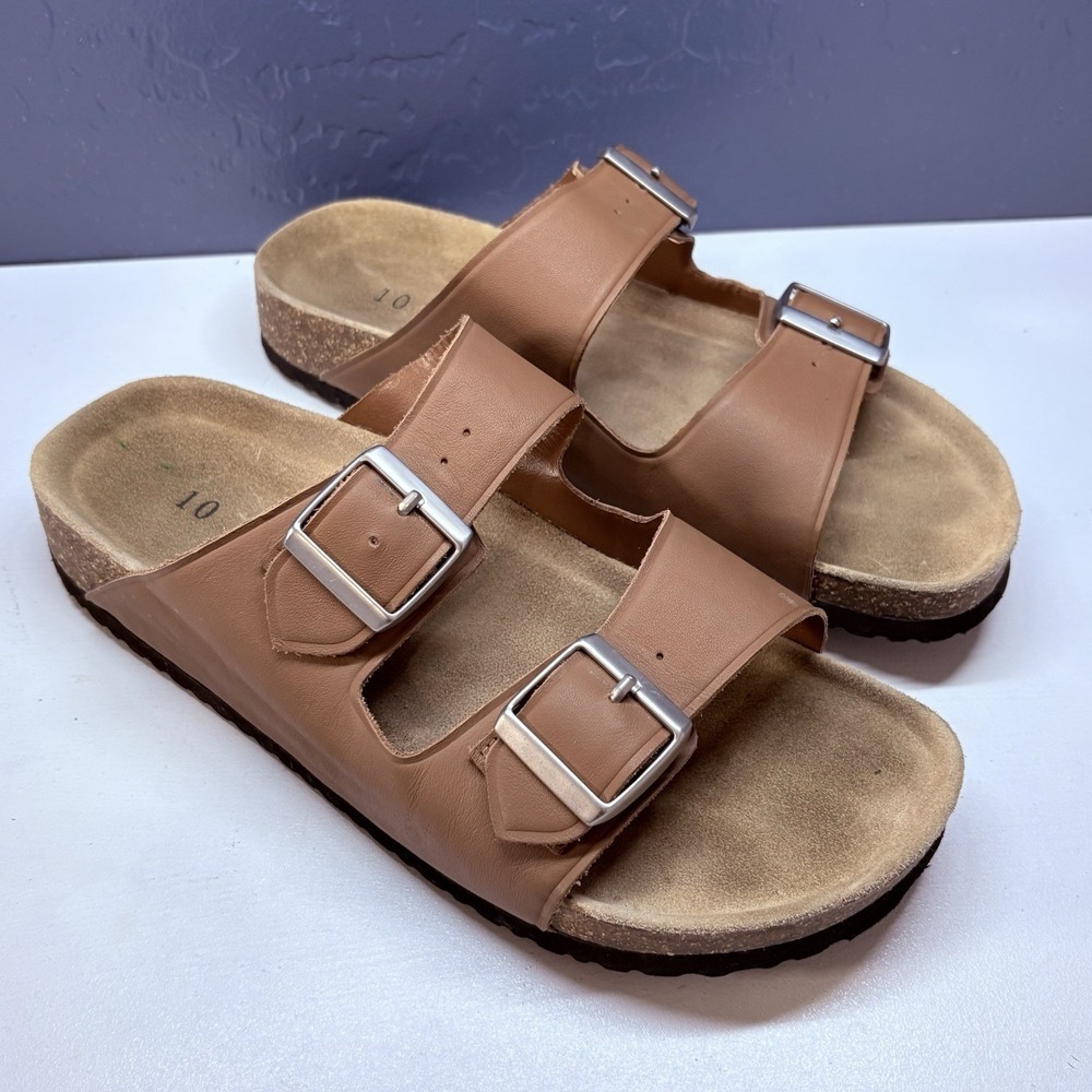 QUINCE Women Napa Leagther Double Buckle Slides Sz 10 Brown S-5
